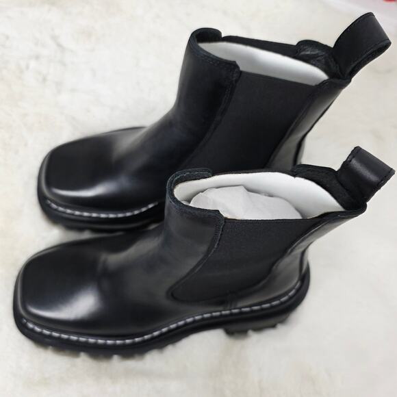 NEW Sandro Chelsea Ankle Boots EU 37 Black Leather Chunky Lug Sole Square Toe - Picture 11 of 16